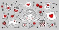 Cute hand drawn set of Love doodles stickers with cupid, hearts, love letter, flower ets.